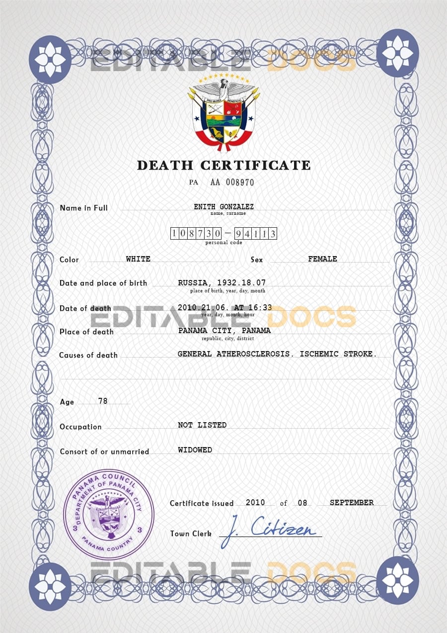 Customizable Panama Death Certificate PSD Templates | Instant Download