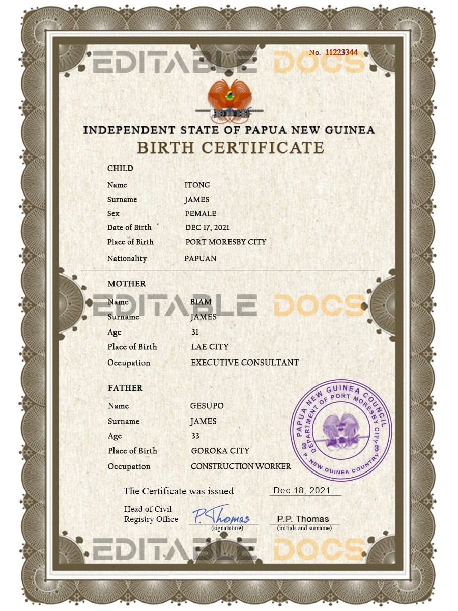 Authentic Papua New Guinea Birth Certificate Template | Customize and Download Online