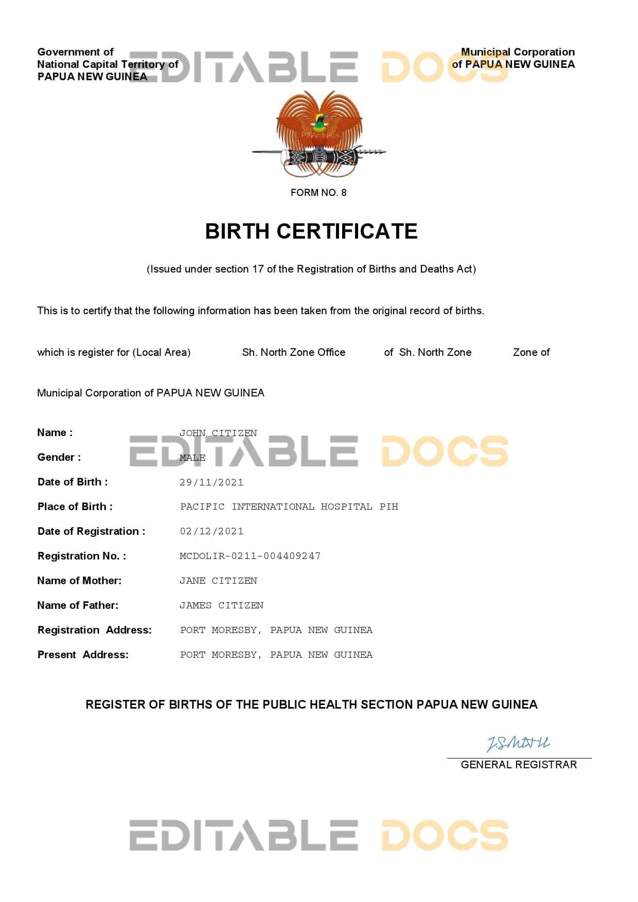 Authentic Papua New Guinea vital Birth Certificate Template | Customize and Download Online