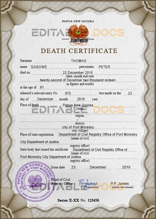 Customizable Papua New Guinea Death Certificate PSD Templates | Instant Download