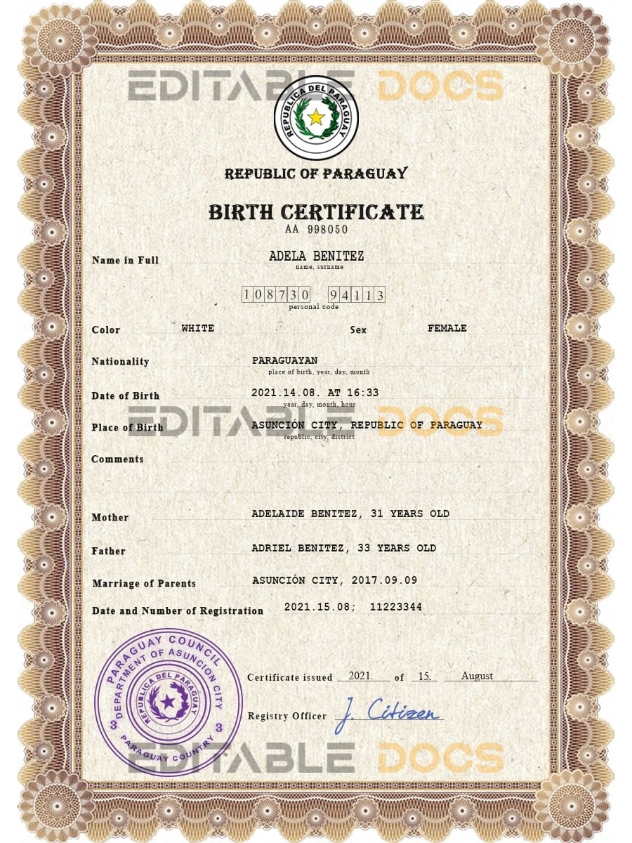 Authentic Paraguay Birth Certificate Template | Customize and Download Online