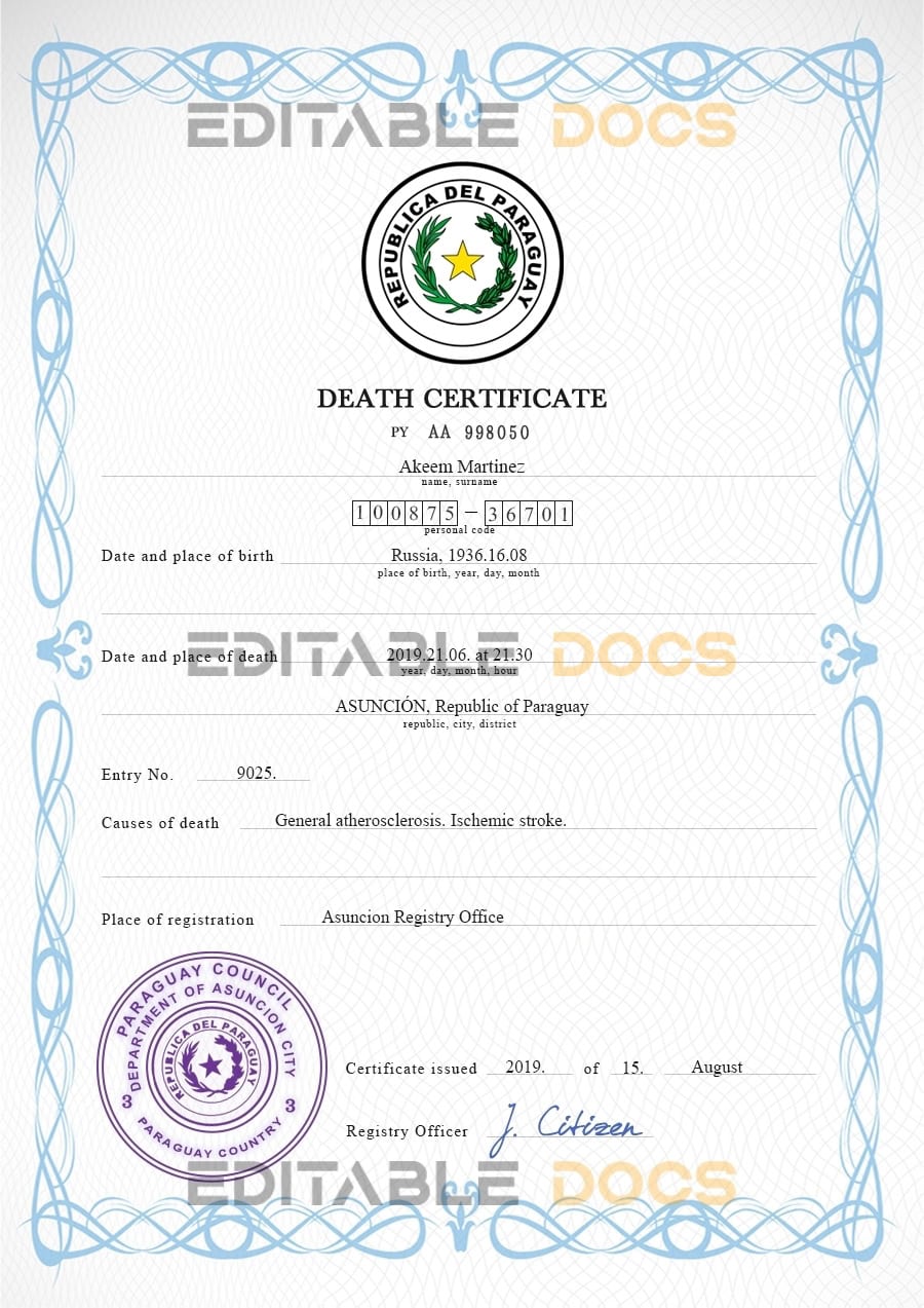 Customizable Paraguay Death Certificate PSD Templates | Instant Download