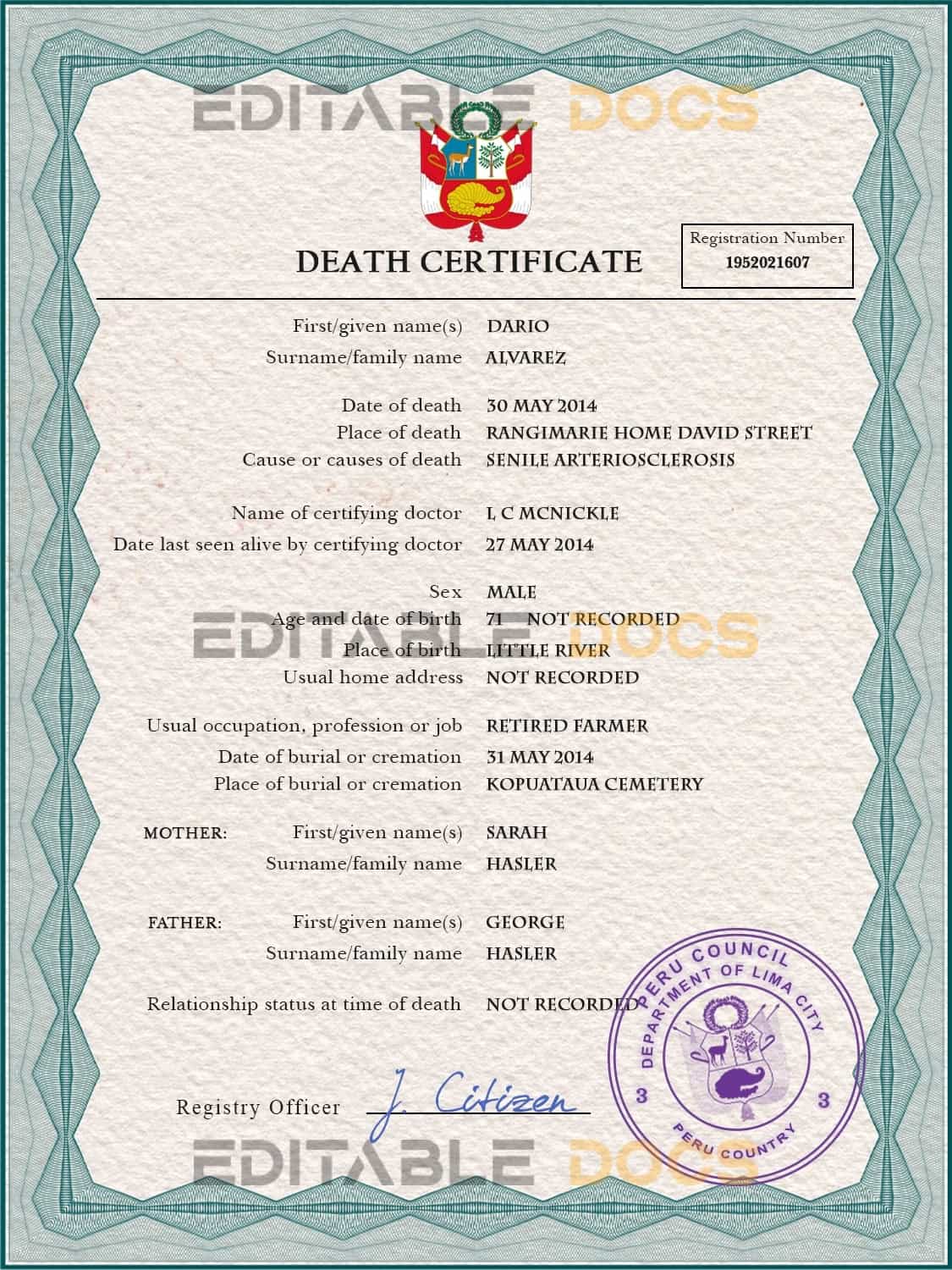 Customizable Peru Death Certificate PSD Templates | Instant Download