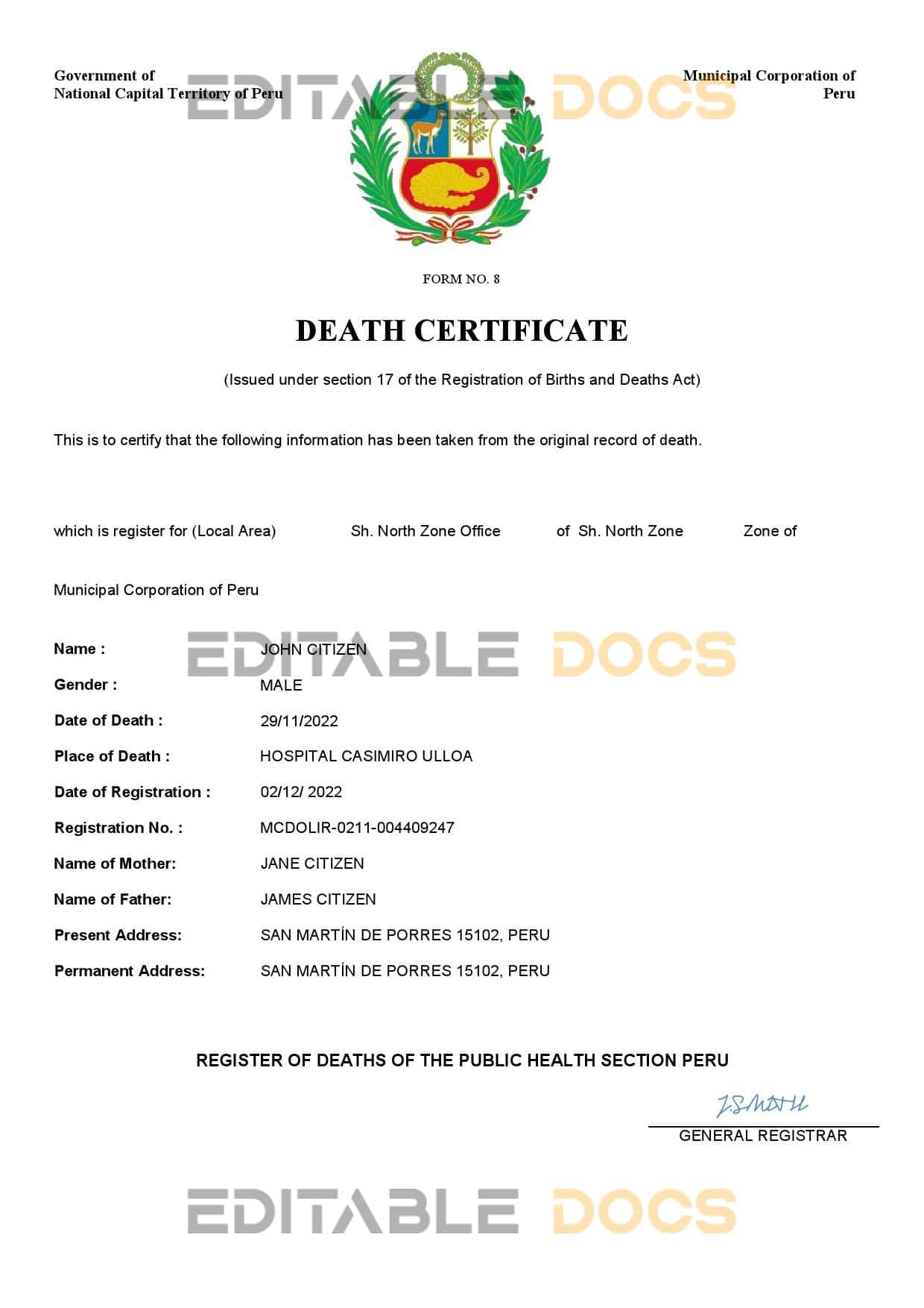 Fillable Peru Death PDF Templates | Blank Docs