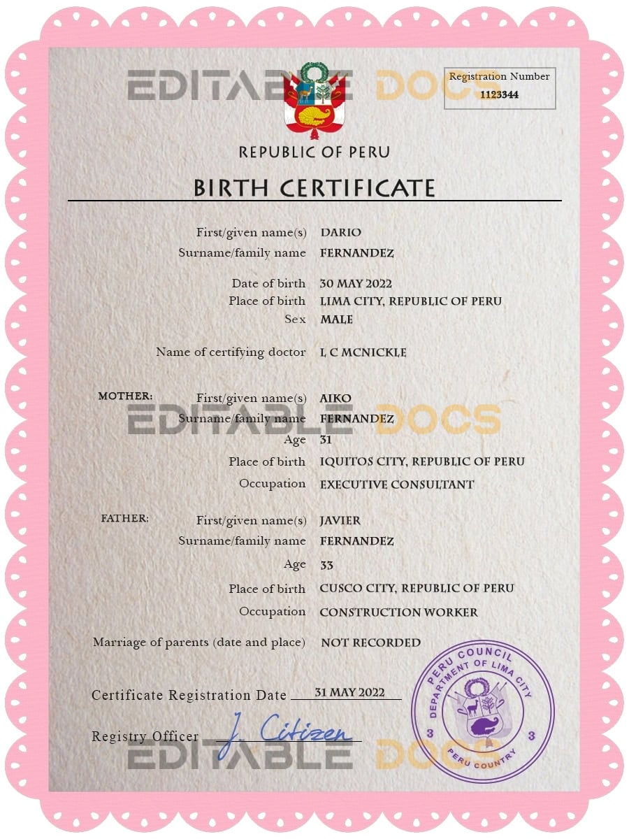 Authentic Peru Birth Certificate Template | Customize and Download Online
