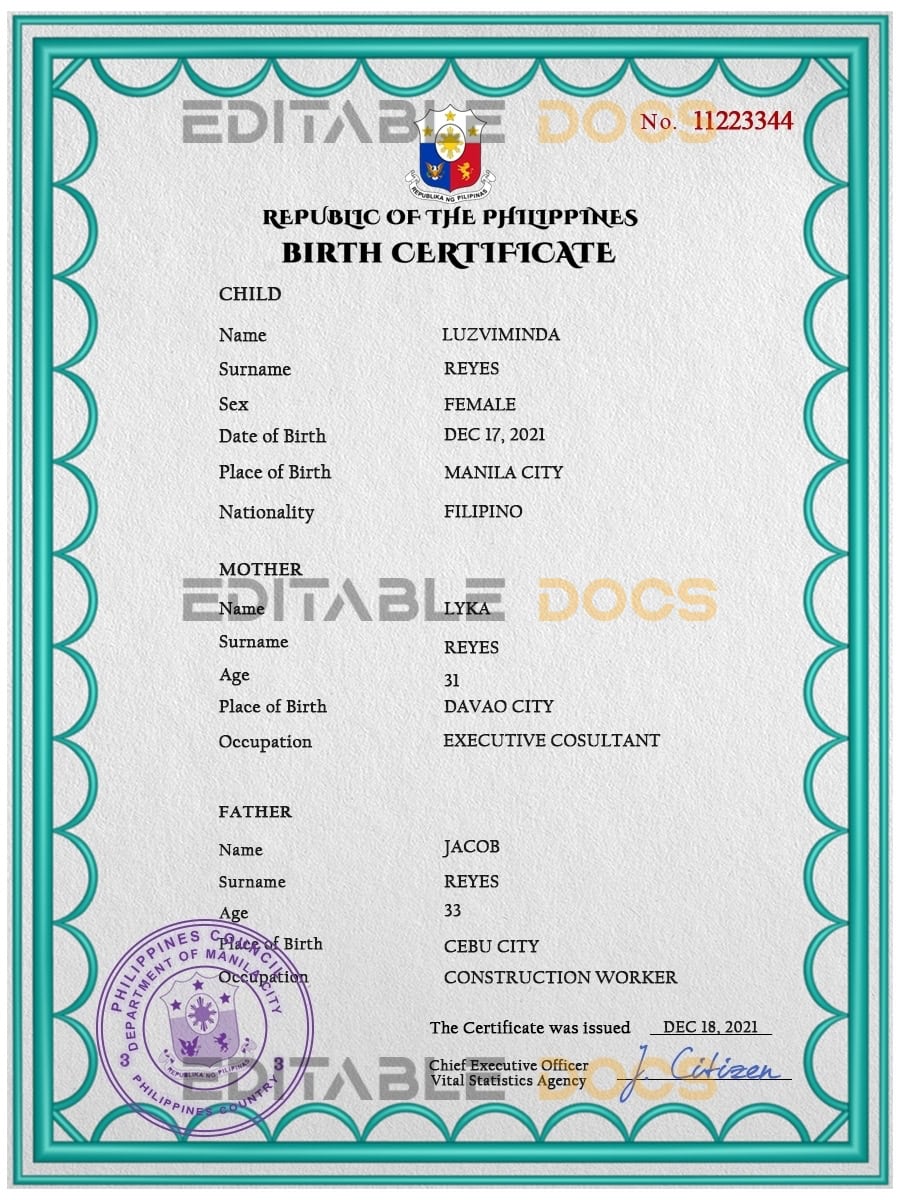 Authentic Philippines Birth Certificate Template | Customize and Download Online