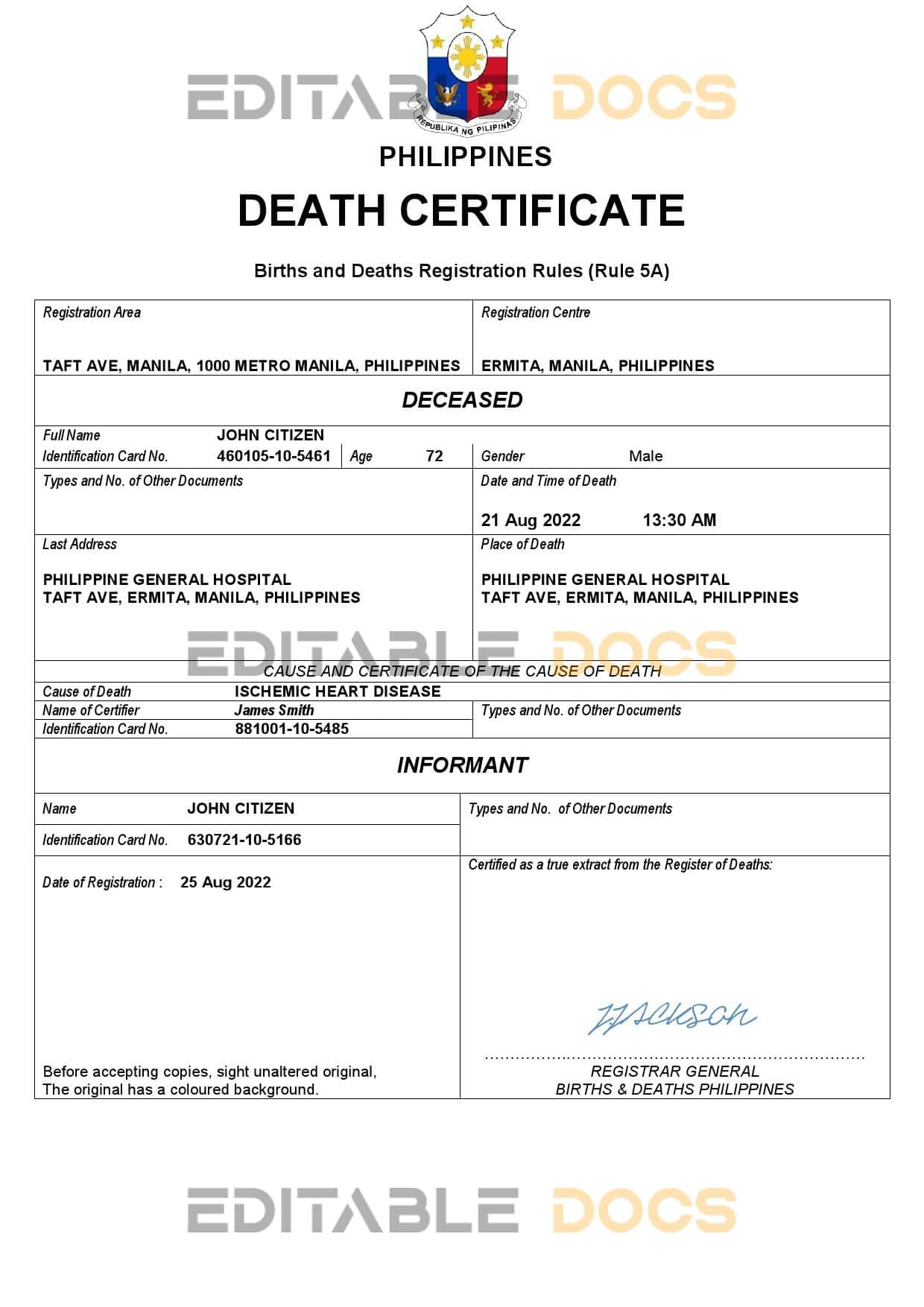 Fillable Philippines Death PDF Templates | Blank Docs