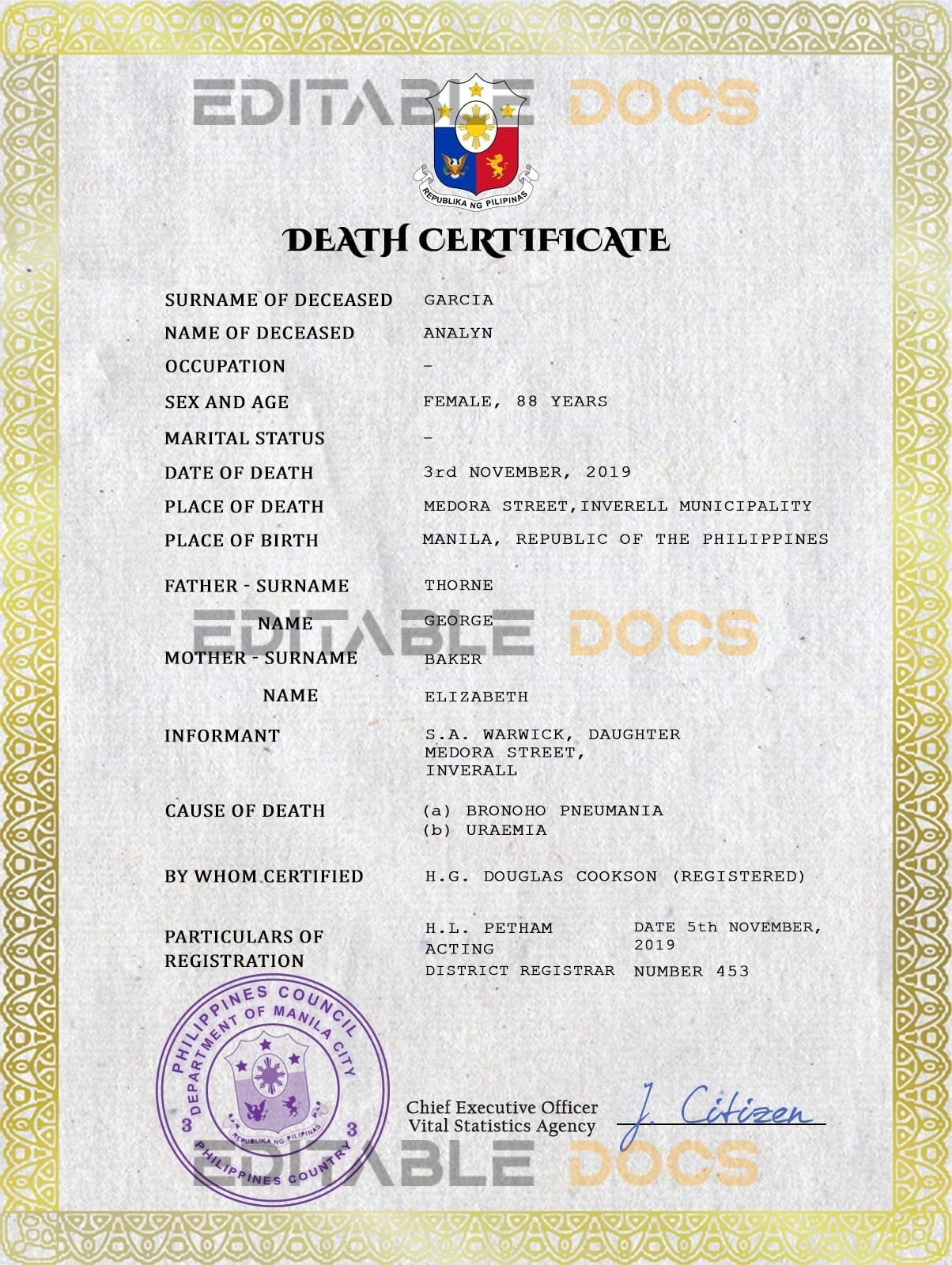 Customizable Philippines Death Certificate PSD Templates | Instant Download