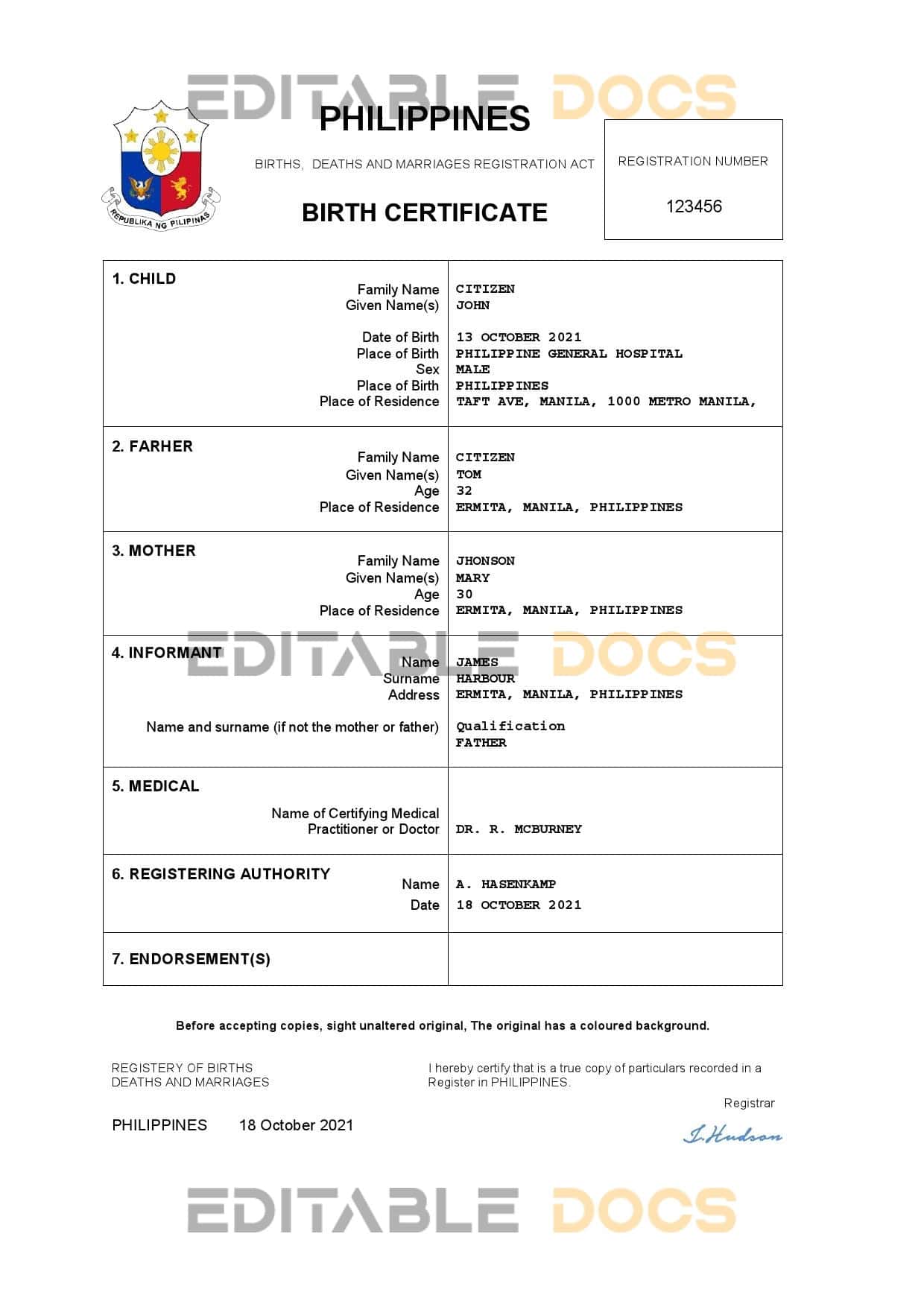 Authentic Philippines vital record Birth Certificate Template | Customize and Download Online