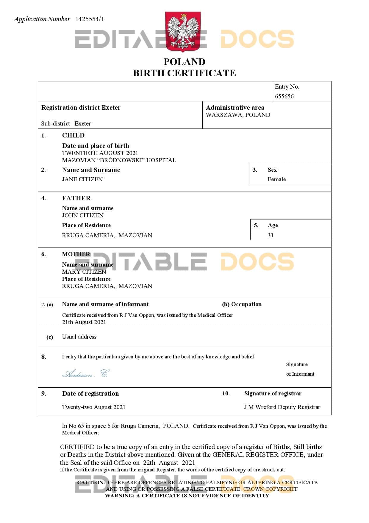 Authentic Poland vital record Birth Certificate Template | Customize and Download Online