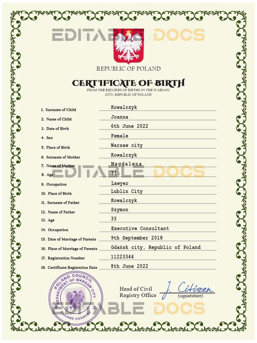 Authentic Poland Birth Certificate Template | Customize and Download Online