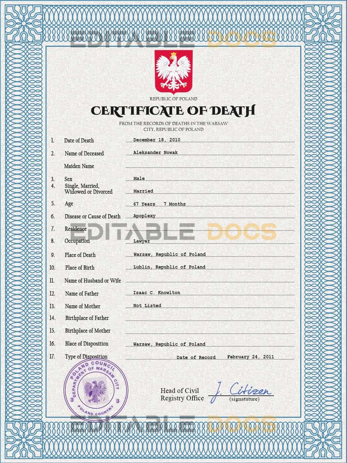 Customizable Poland Death Certificate PSD Templates | Instant Download