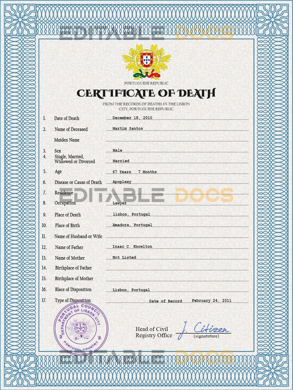 Customizable Portugal Death Certificate PSD Templates | Instant Download