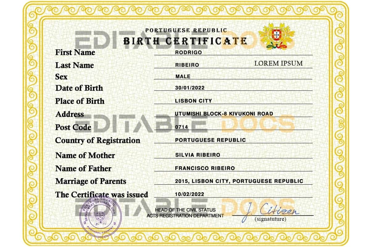 Authentic Portugal Birth Certificate Template | Customize and Download Online