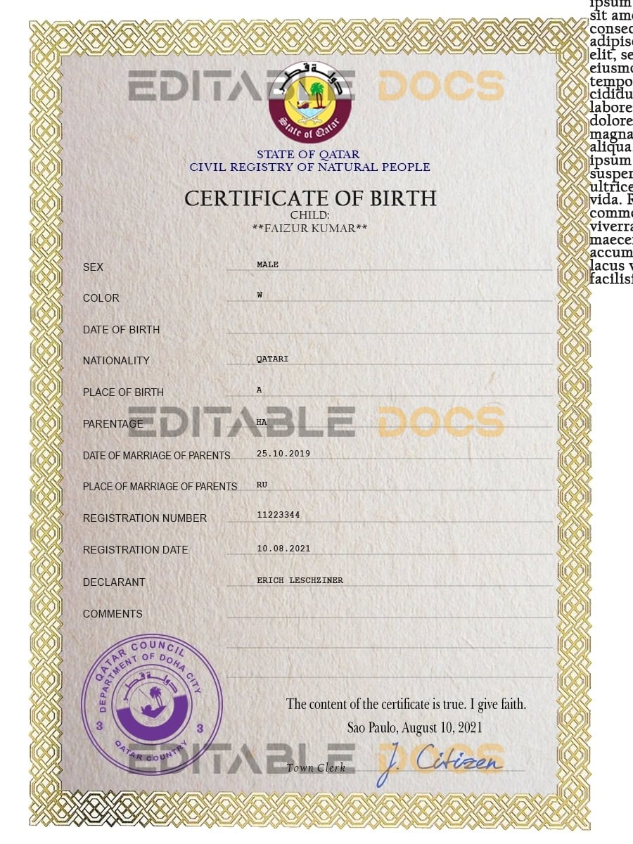 Authentic Qatar Birth Certificate Template | Customize and Download Online