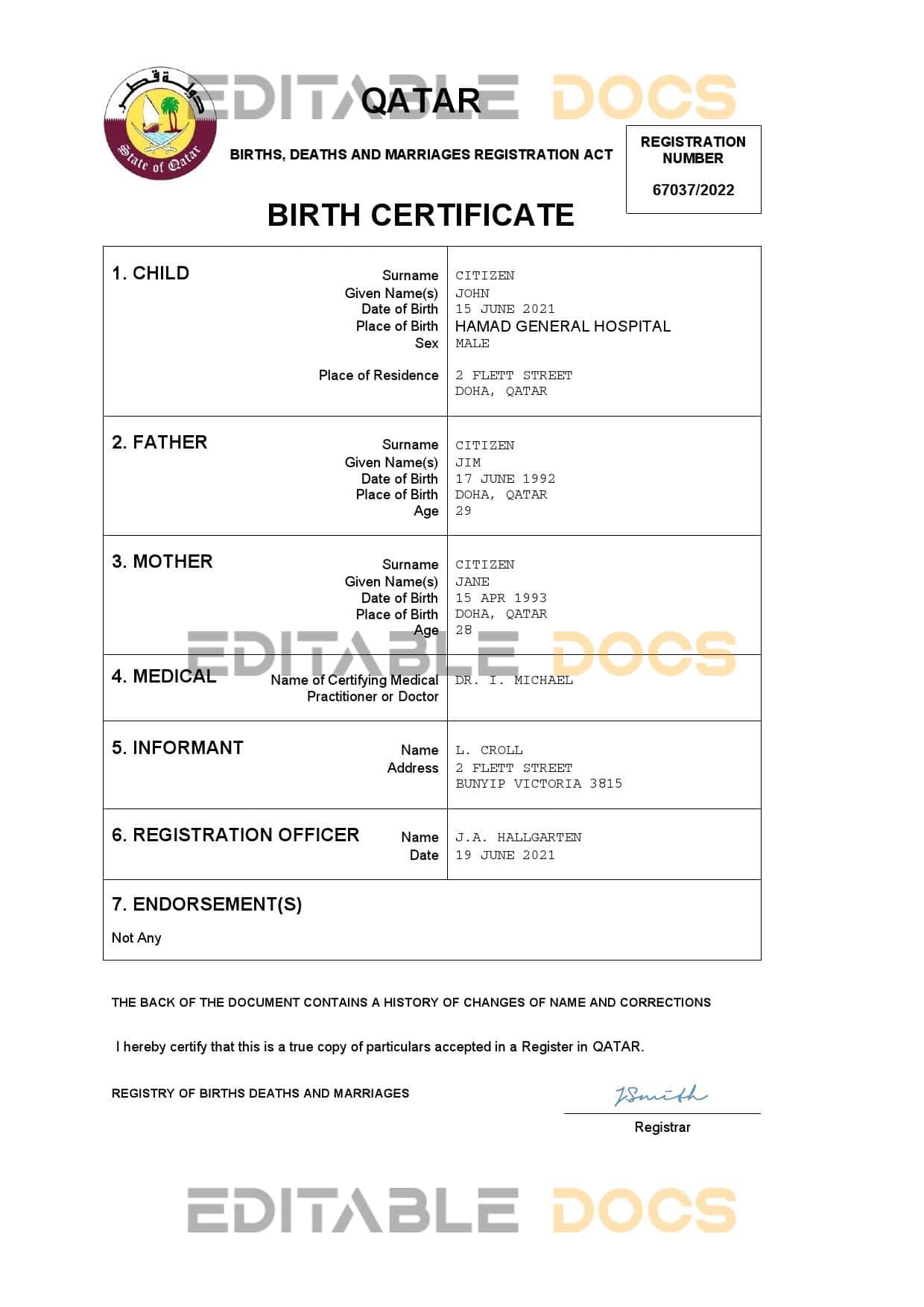 Authentic Qatar vital record Birth Certificate Template | Customize and Download Online
