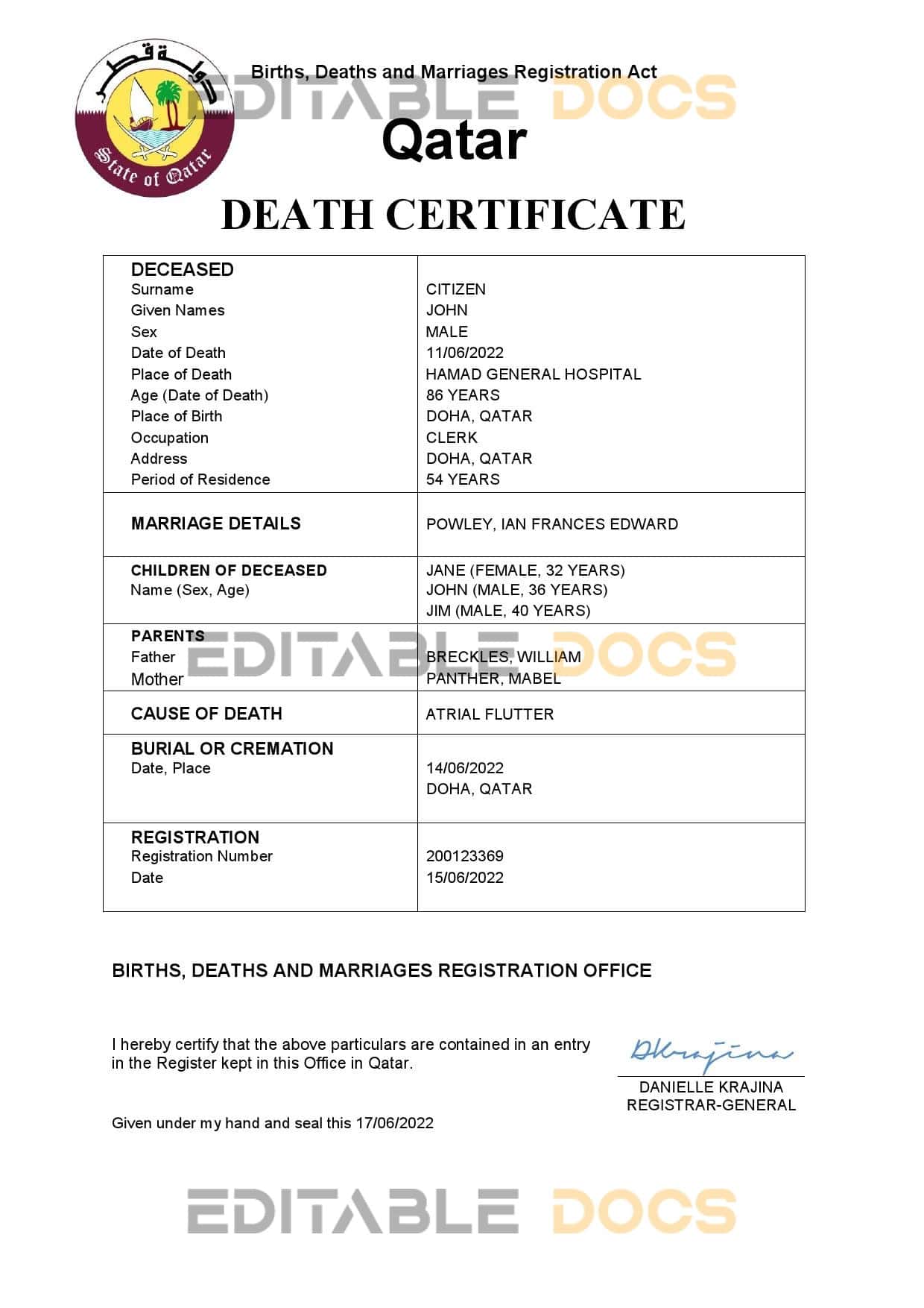 Fillable Qatar Death PDF Templates | Blank Docs