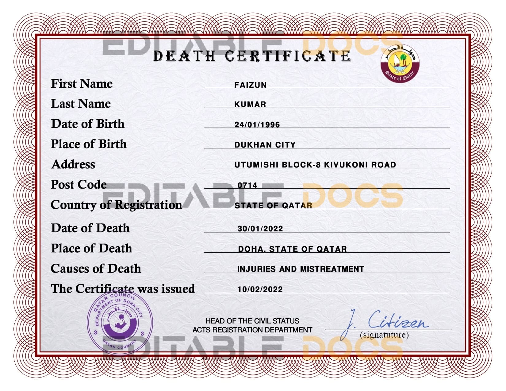 Customizable Qatar Death Certificate PSD Templates | Instant Download