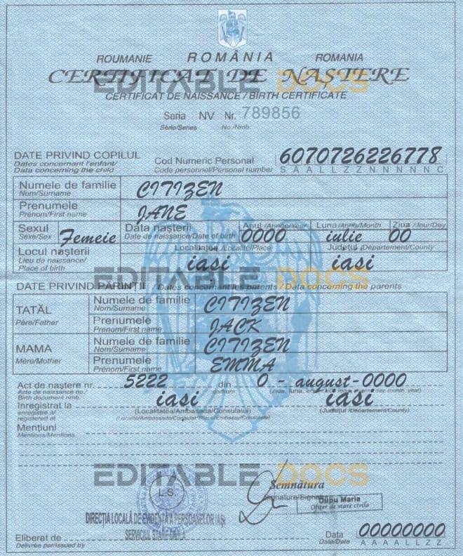 Authentic Romania Birth Certificate Template | Customize and Download Online