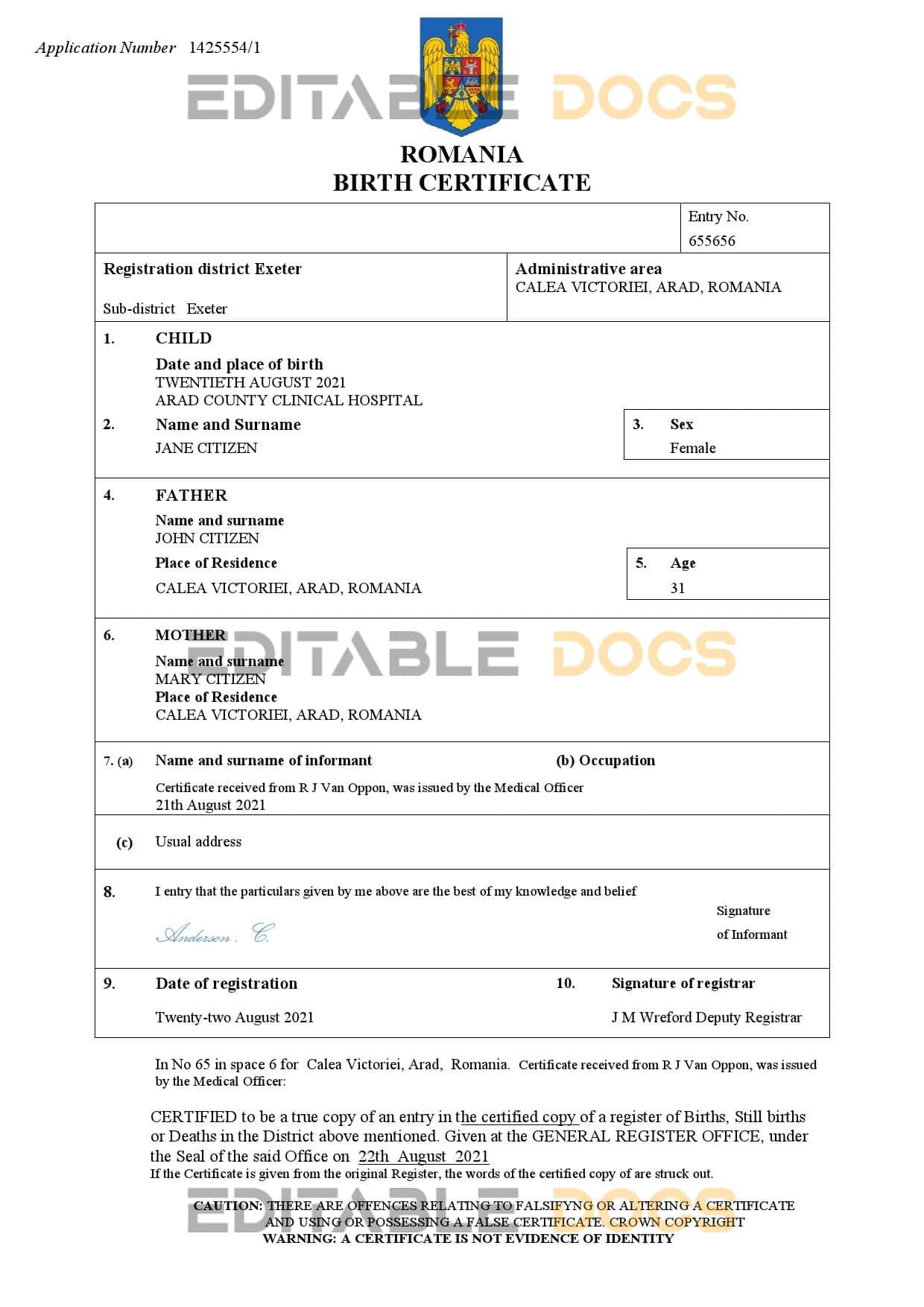 Authentic Romania Birth Certificate Template | Customize and Download Online