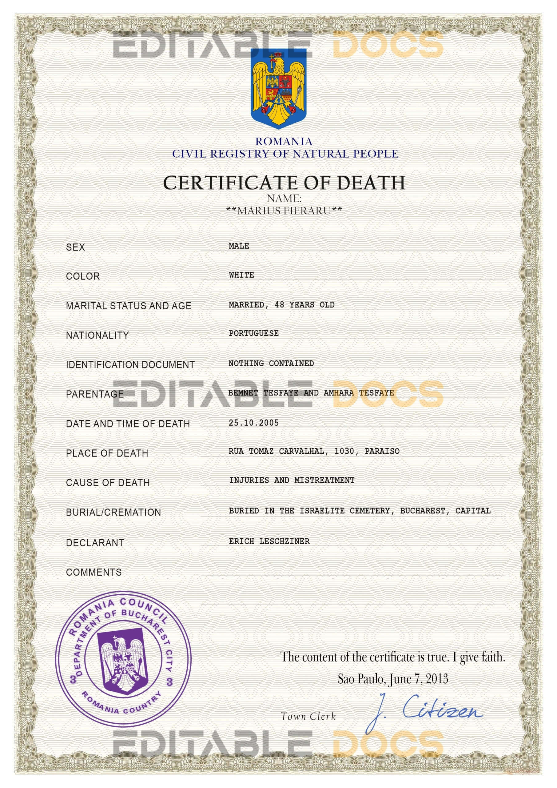 Customizable Romania Death Certificate PSD Templates | Instant Download