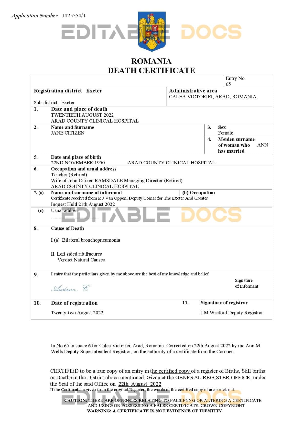 Fillable Romania Death PDF Templates | Blank Docs