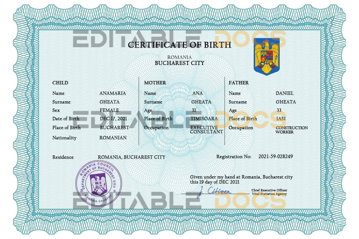 Authentic Romania Birth Certificate Template | Customize and Download Online