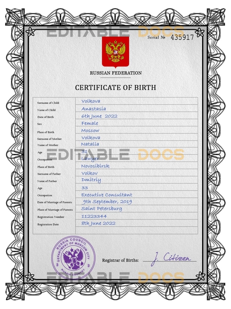 Authentic Russia Birth Certificate Template | Customize and Download Online