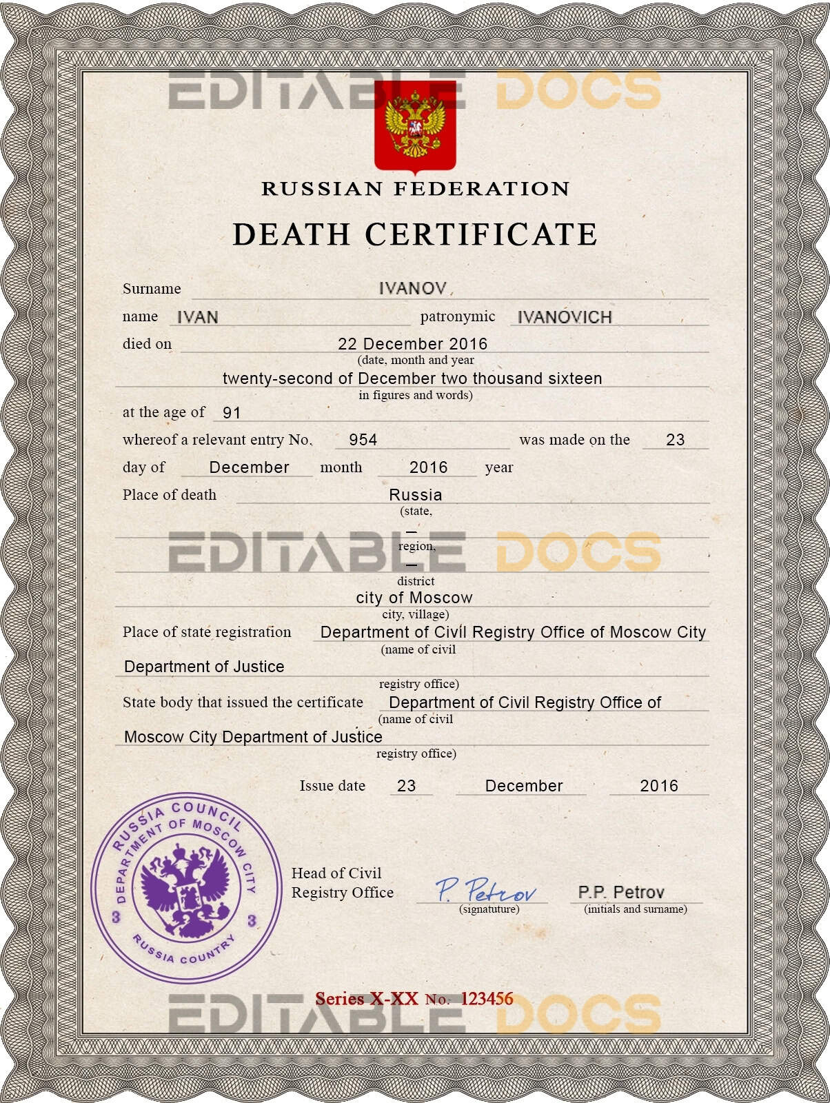 Customizable Russia Death Certificate PSD Templates | Instant Download