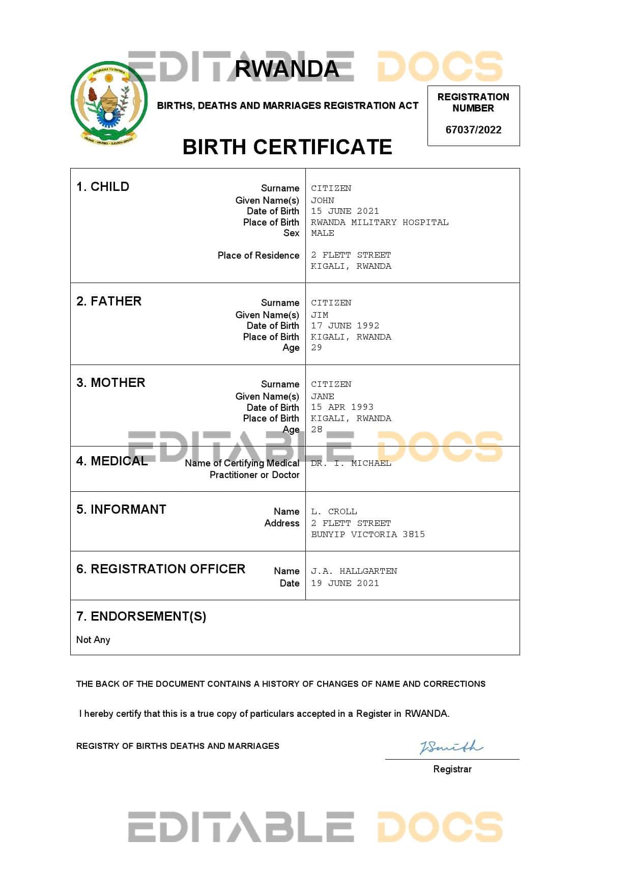 Authentic Rwanda Birth Certificate Template | Customize and Download Online