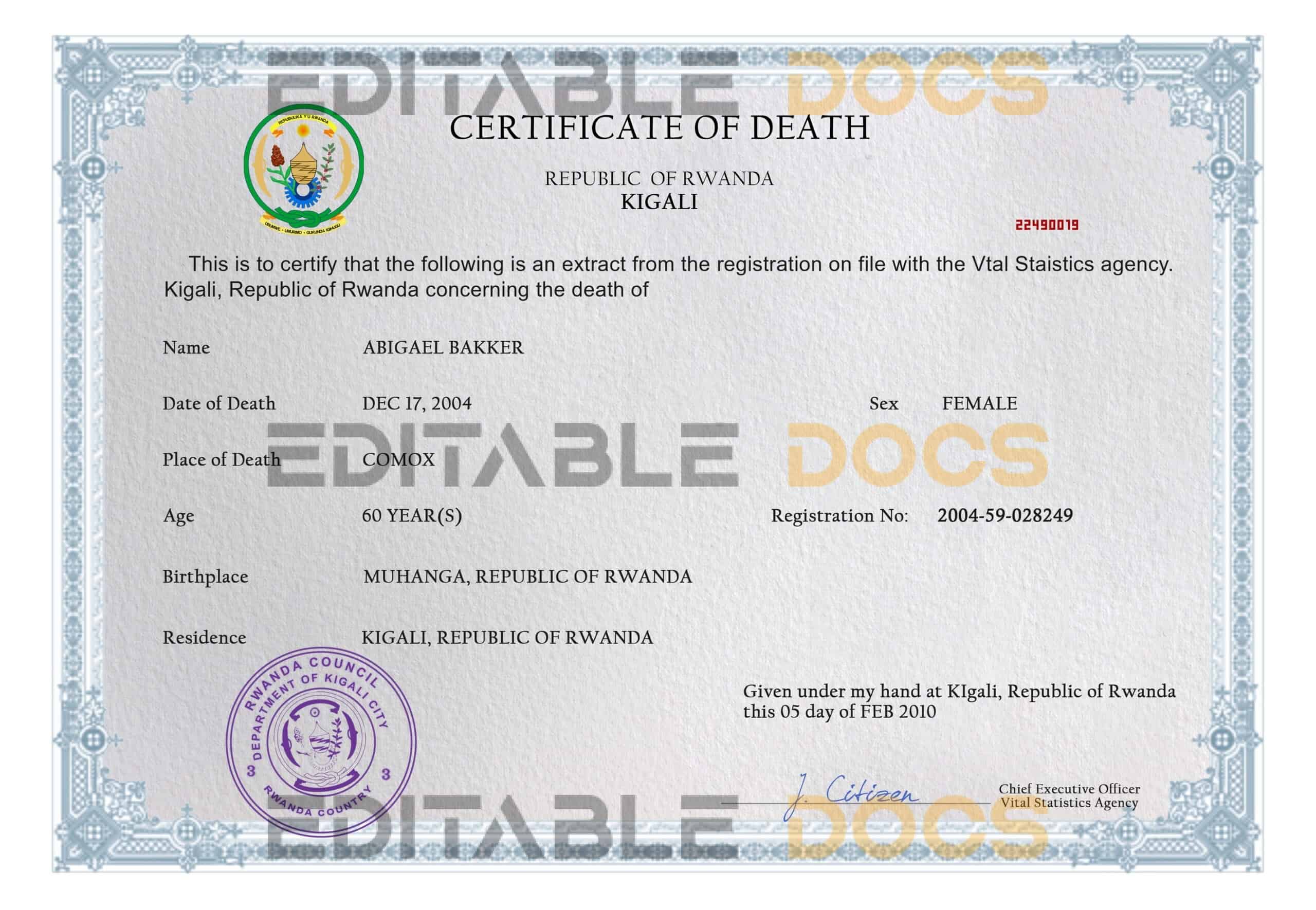 Customizable Rwanda Death Certificate PSD Templates | Instant Download