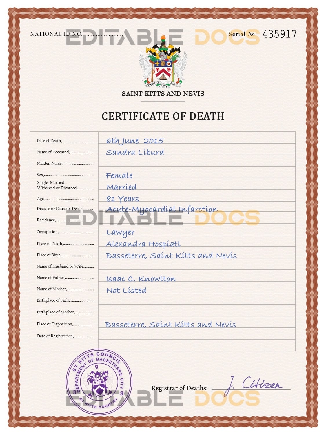 Customizable Saint Kitts and Nevis Death Certificate PSD Templates | Instant Download