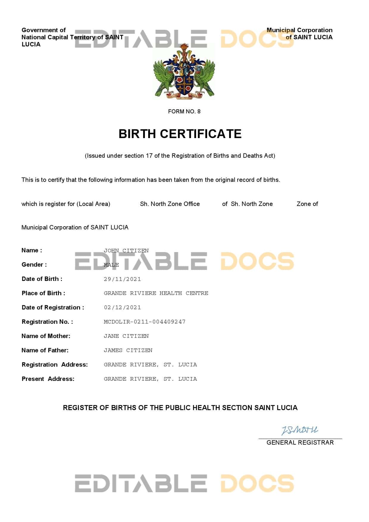 Authentic Saint Lucia Birth Certificate Template | Customize and Download Online