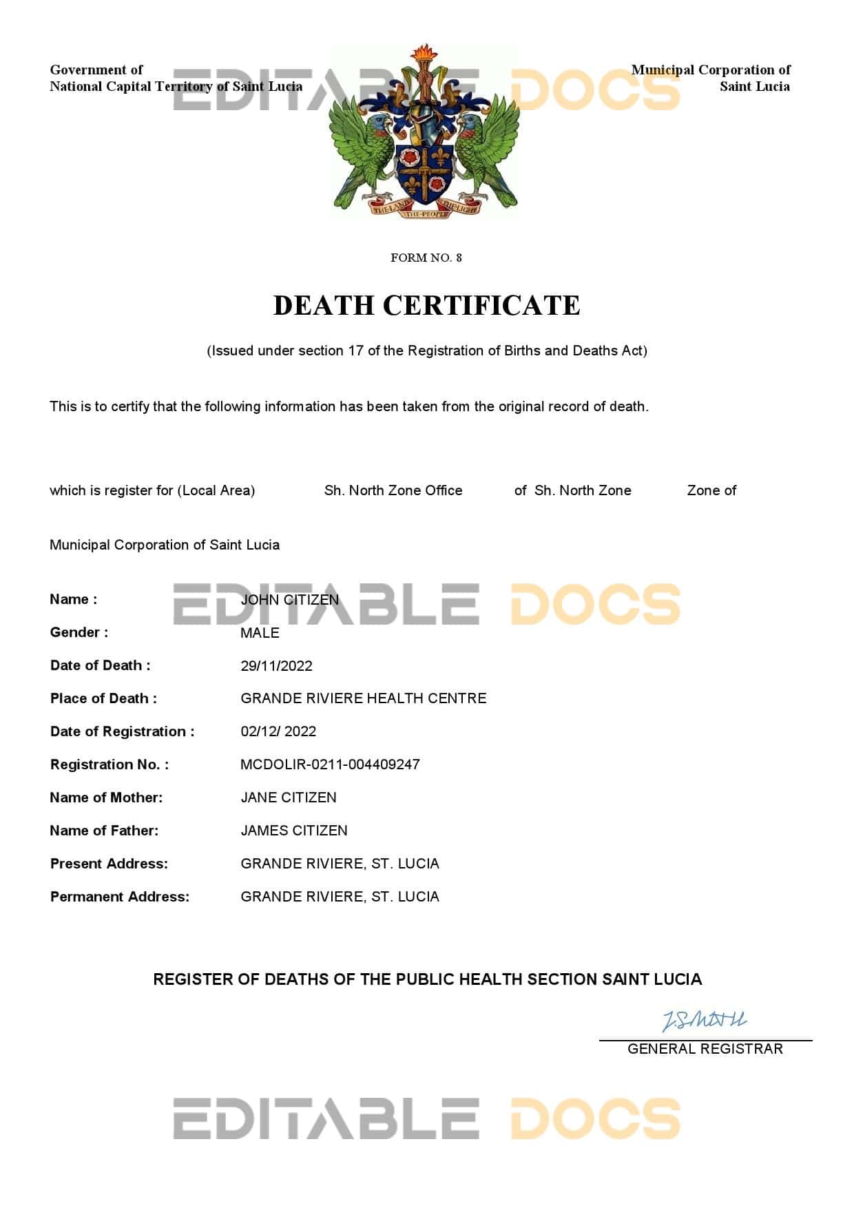 Fillable Saint Lucia Death PDF Templates | Blank Docs