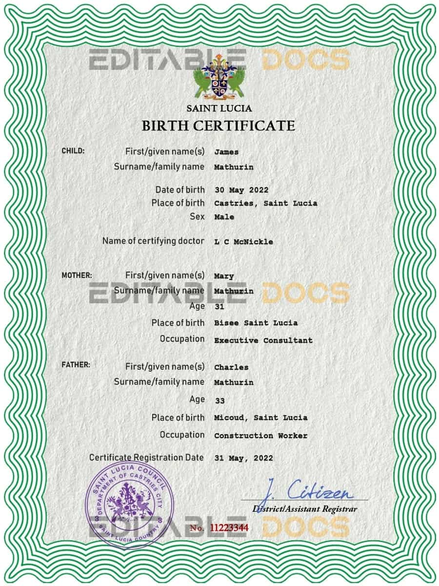 Authentic Saint Lucia Birth Certificate Template | Customize and Download Online