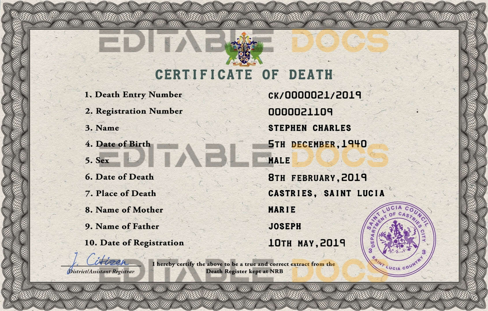 Customizable Saint Lucia Death Certificate PSD Templates | Instant Download