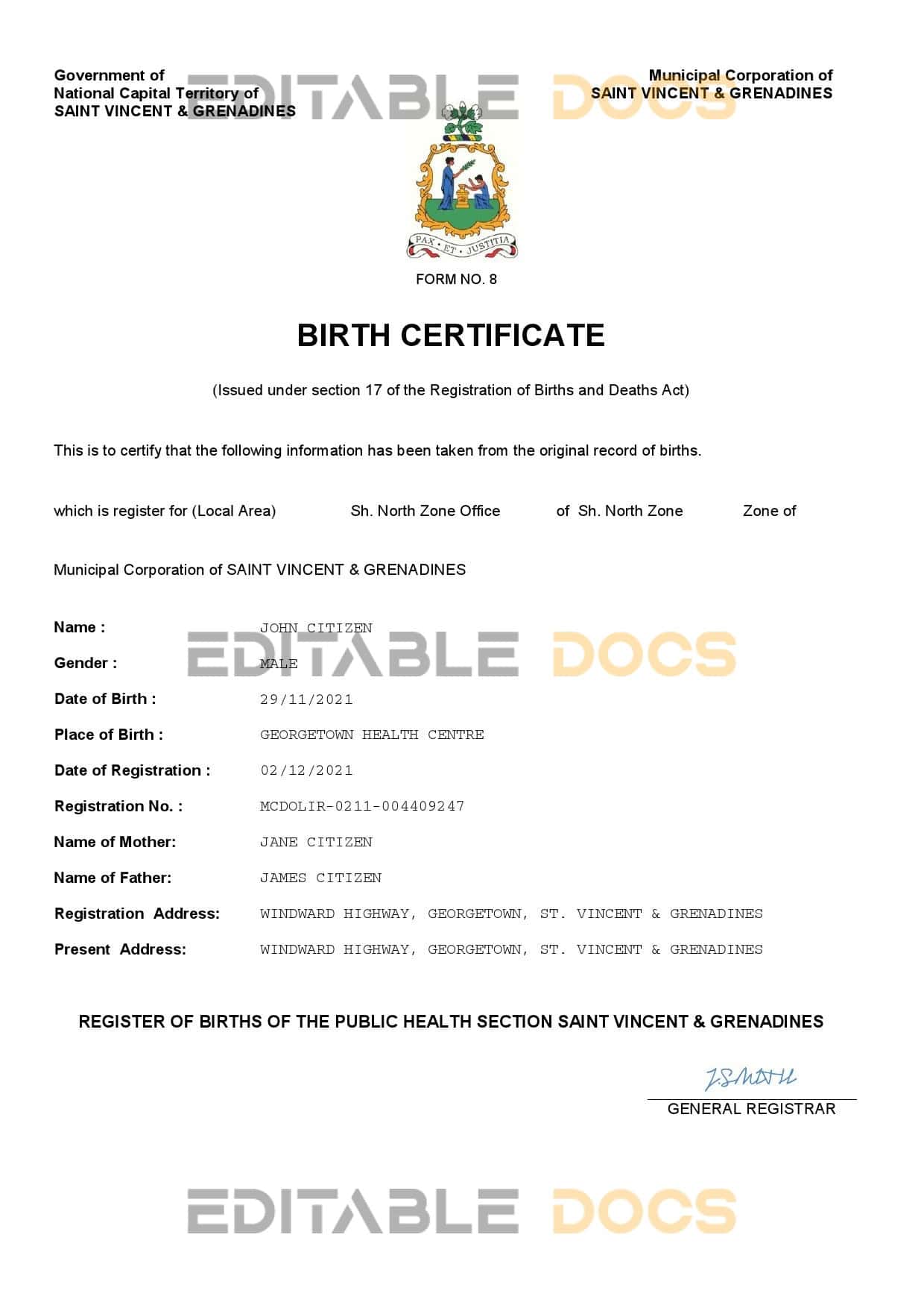 Authentic Saint Vincent & Grenadines vital Birth Certificate Template | Customize and Download Online