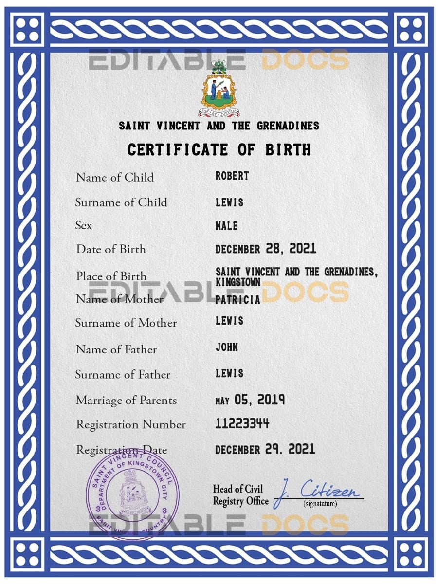 Authentic Saint Vincent and the Grenadines Birth Certificate Template | Customize and Download Online