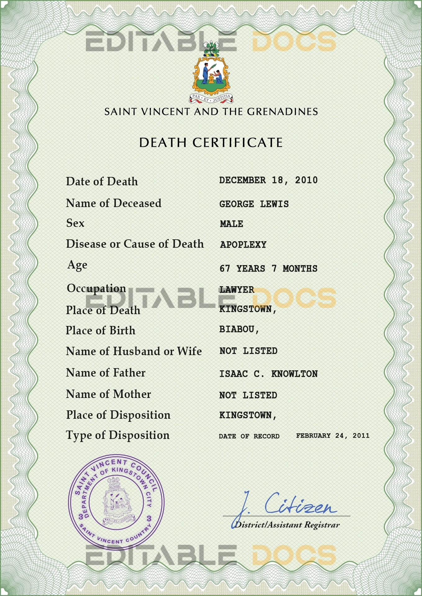 Customizable Saint Vincent and the Grenadines Death Certificate PSD Templates | Instant Download