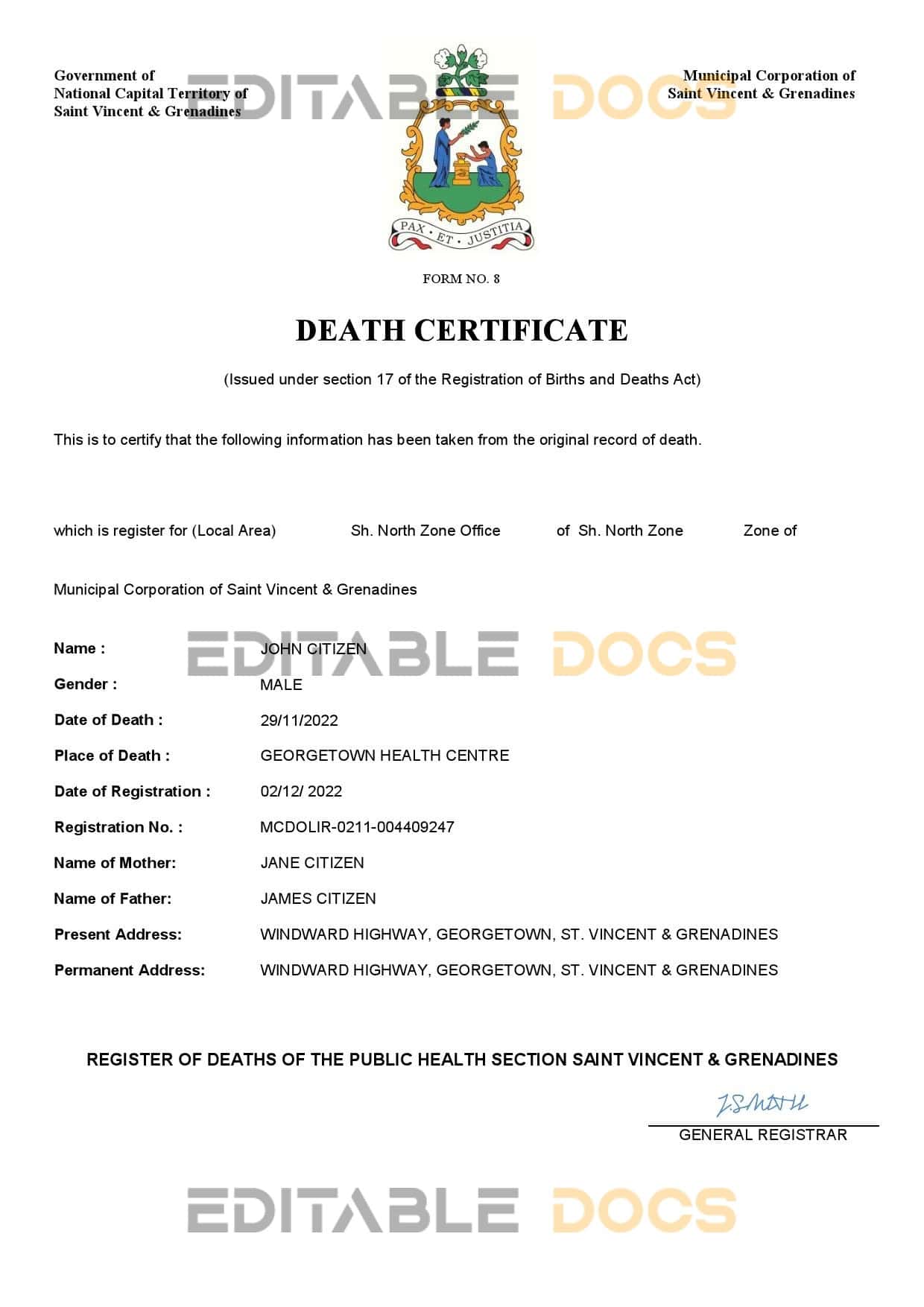 Fillable Saint Vincent and the Grenadines Death PDF Templates | Blank Docs