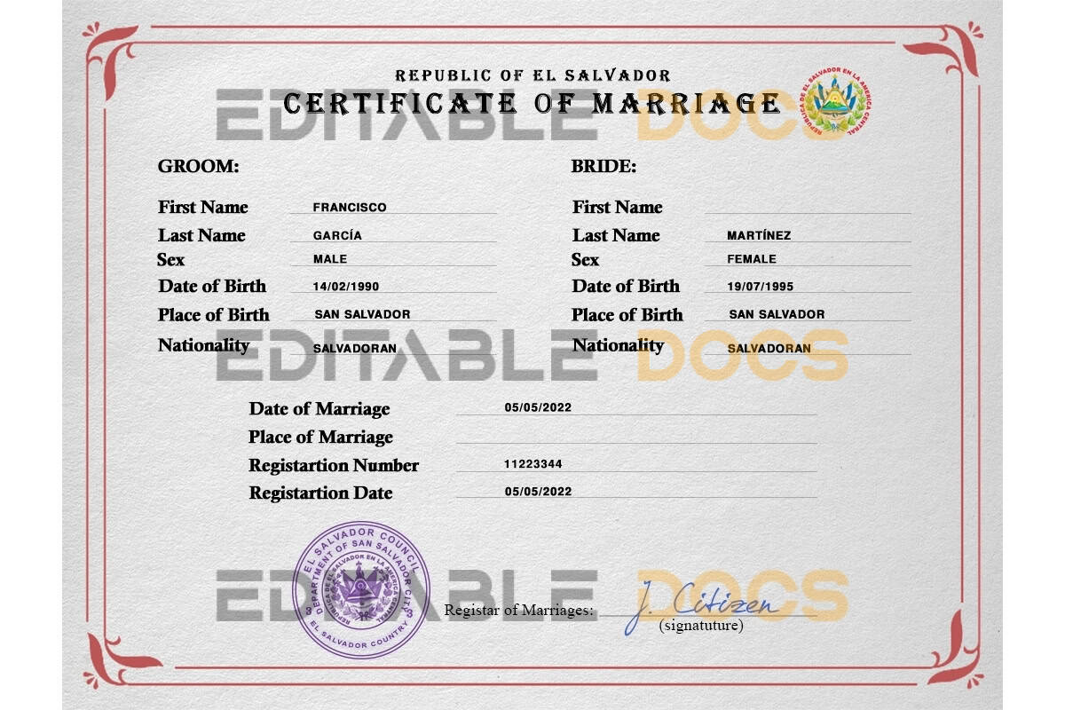 Salvador Marriage Certificate | Editable PDF Templates