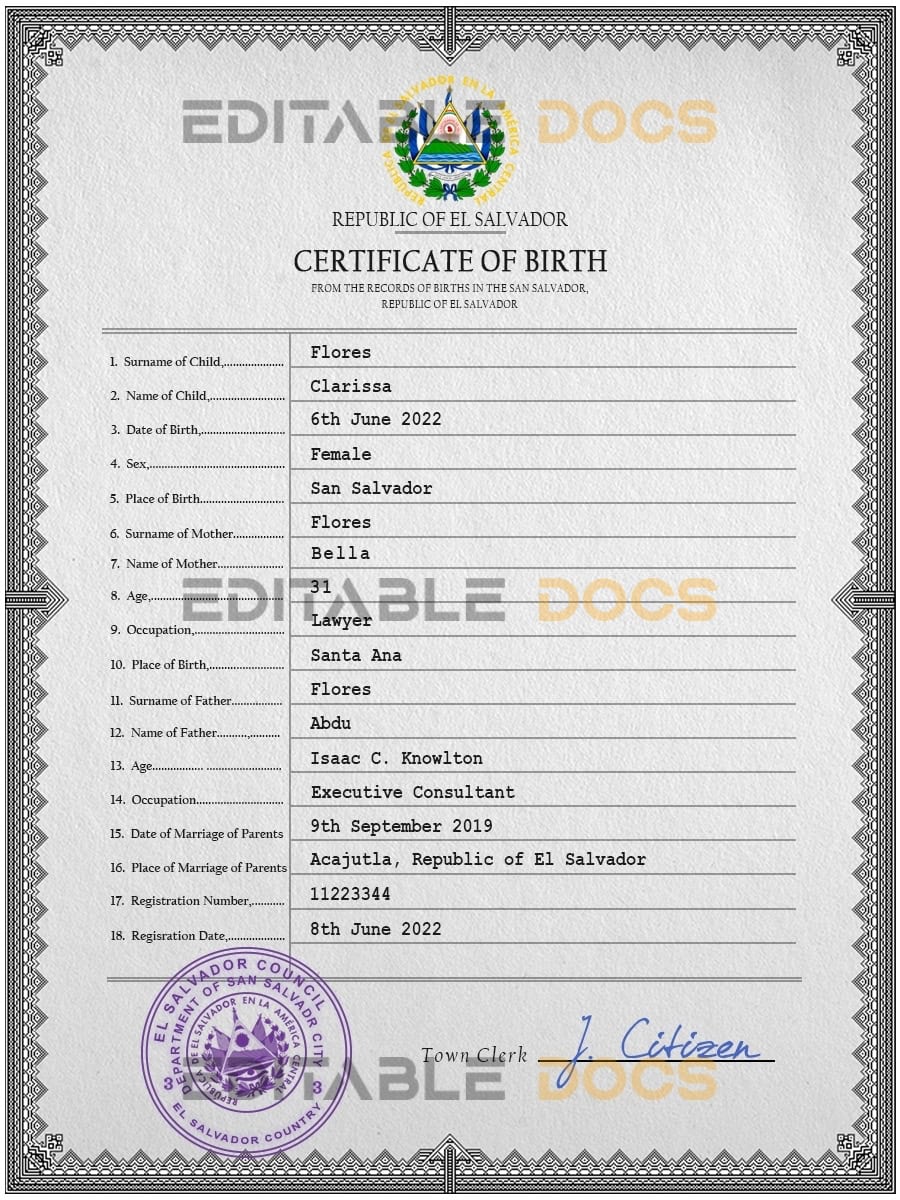 Authentic Salvador vital record Birth Certificate Template | Customize and Download Online