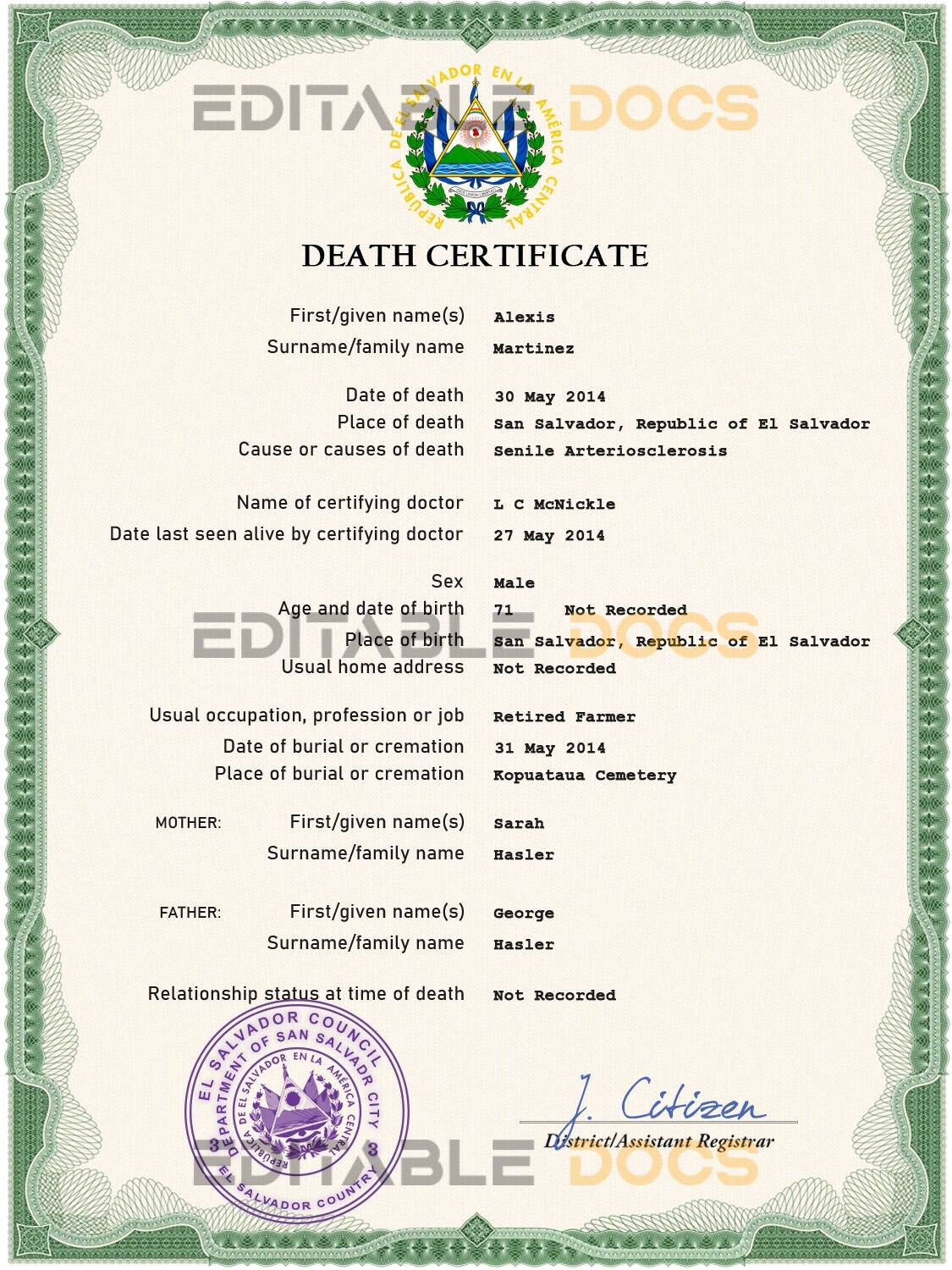 Customizable Salvador Death Certificate PSD Templates | Instant Download