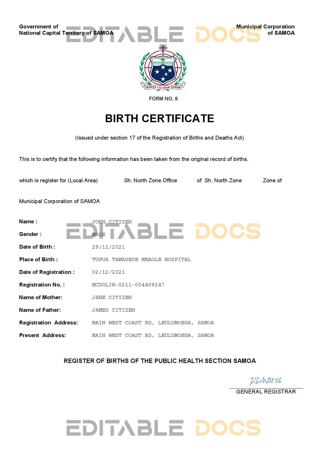 Authentic Samoa vital Birth Certificate Template | Customize and Download Online