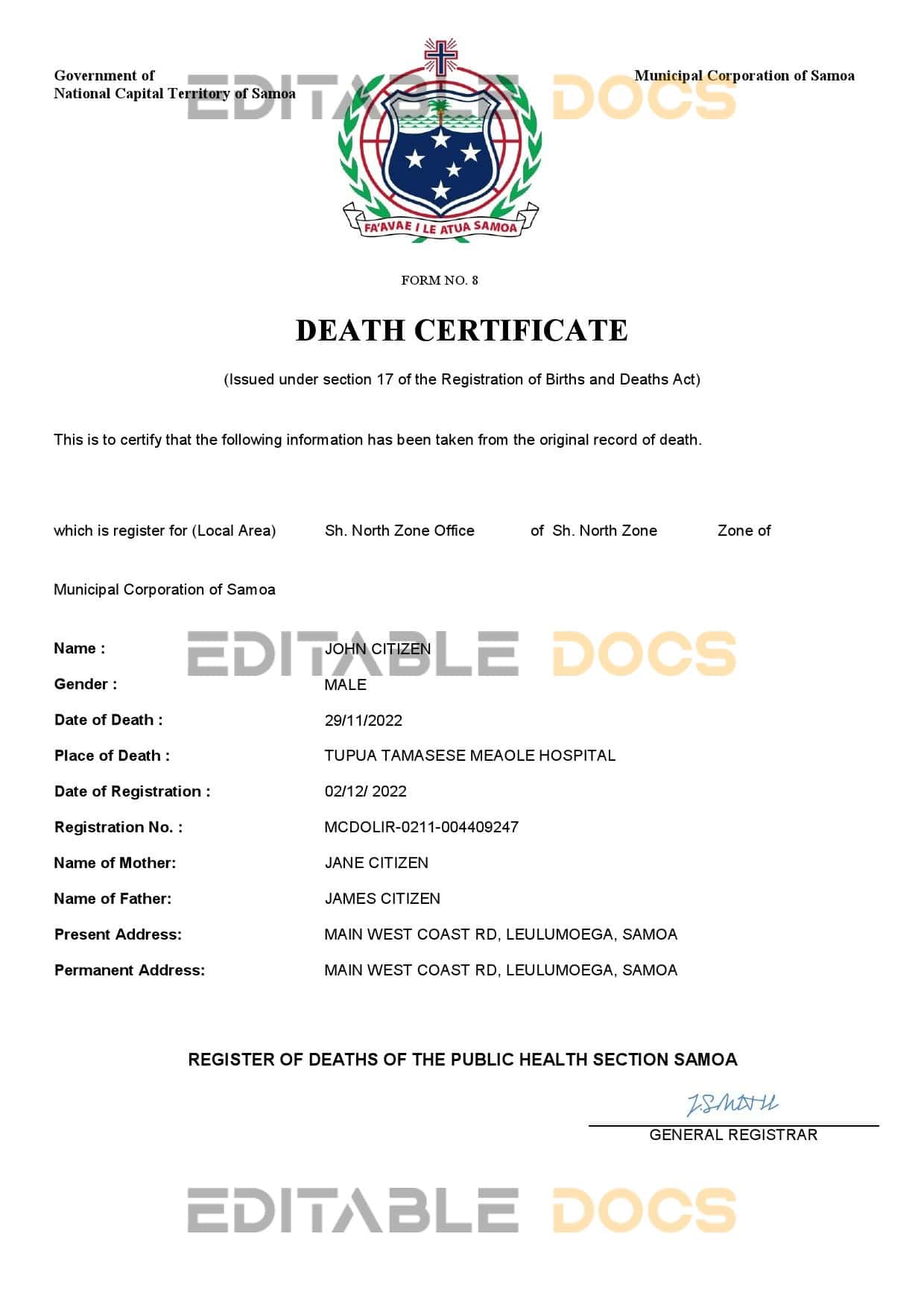 Fillable Samoa Death PDF Templates | Blank Docs