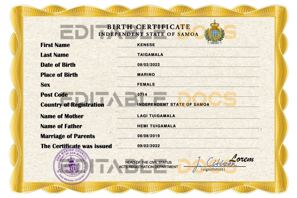 Authentic Samoa Birth Certificate Template | Customize and Download Online
