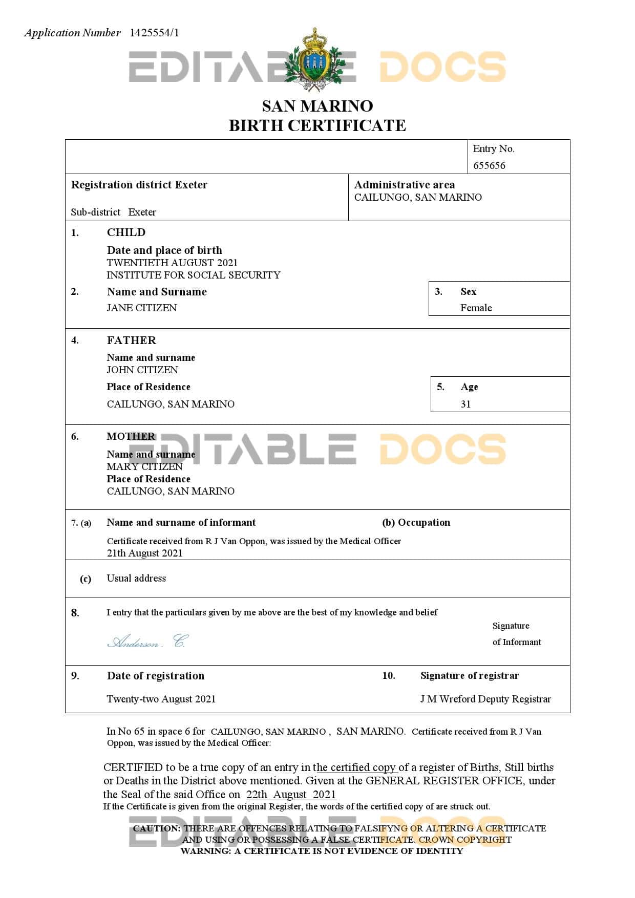 Authentic San Marino Birth Certificate Template | Customize and Download Online