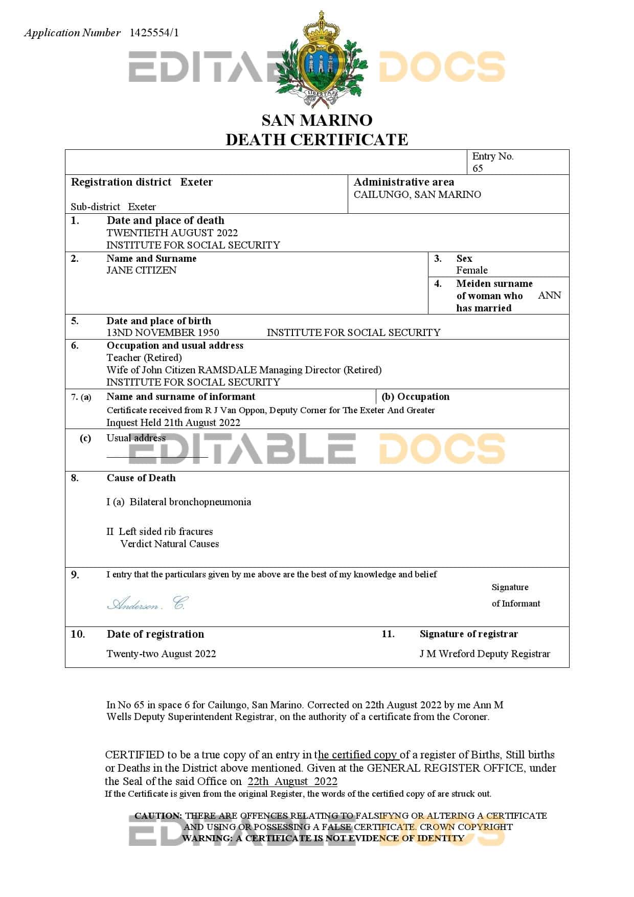 Fillable San Marino Death PDF Templates | Blank Docs