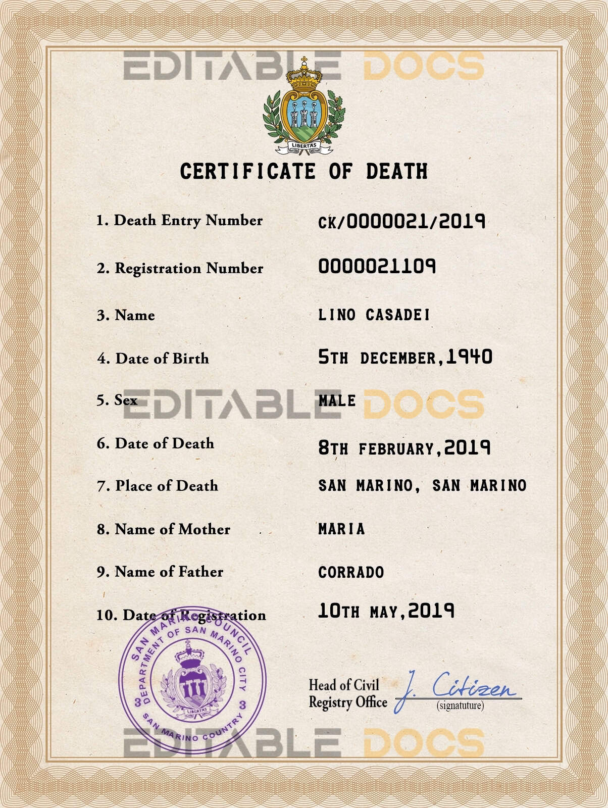 Customizable San Marino Death Certificate PSD Templates | Instant Download
