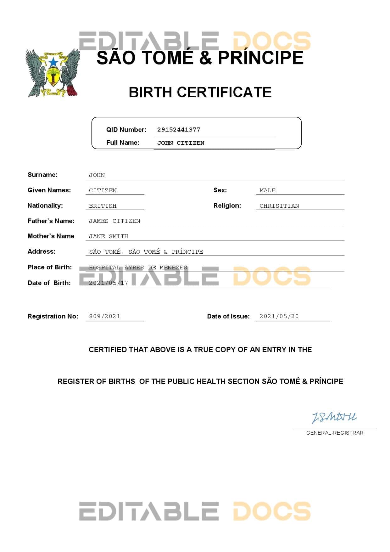 Authentic Sao Tome & Principe vital record Birth Certificate Template | Customize and Download Online
